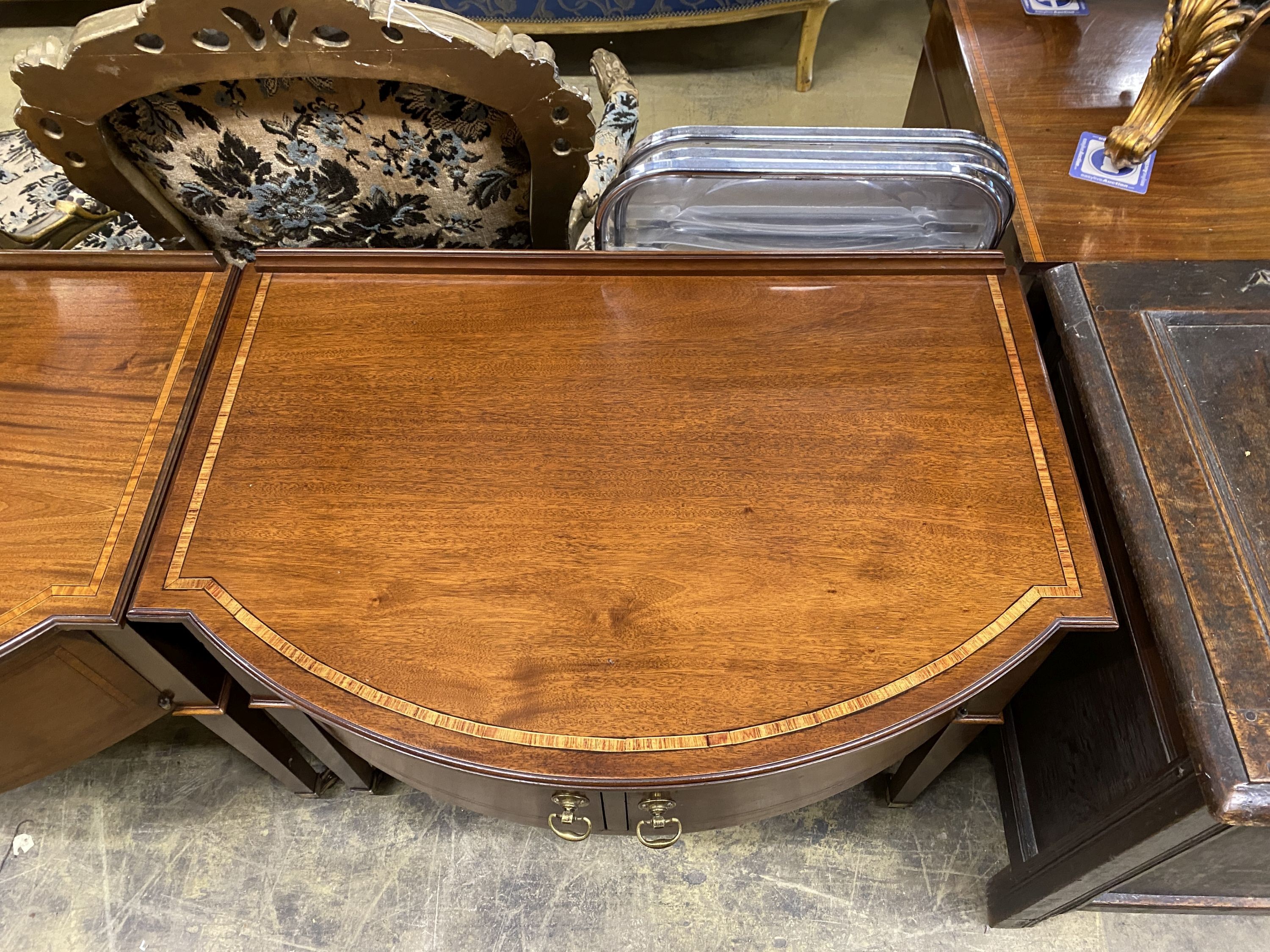 A pair of Edwardian satinwood banded mahogany bow front side cabinets, width 90cm, depth 60cm, height 78cm